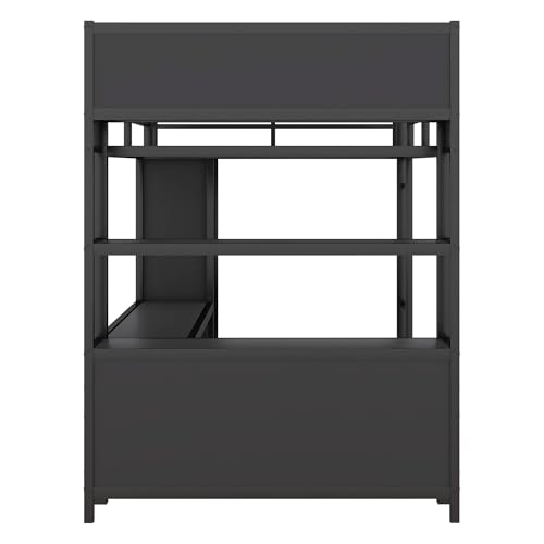 Black Full Size Metal Loft Bed with Wardrobe and L-Shaped Desk I308