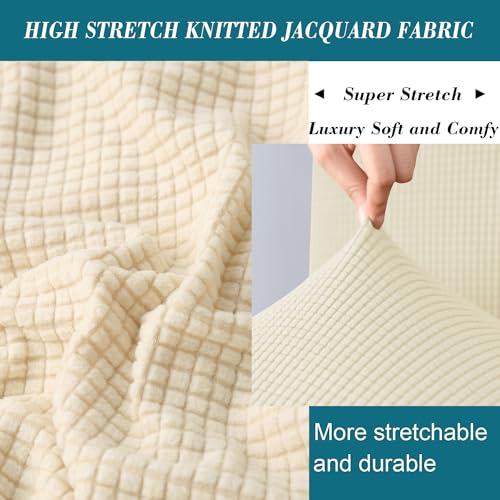 Beige Knitted Jacquard Square Ottoman Cover with Elastic Bottom Y2350