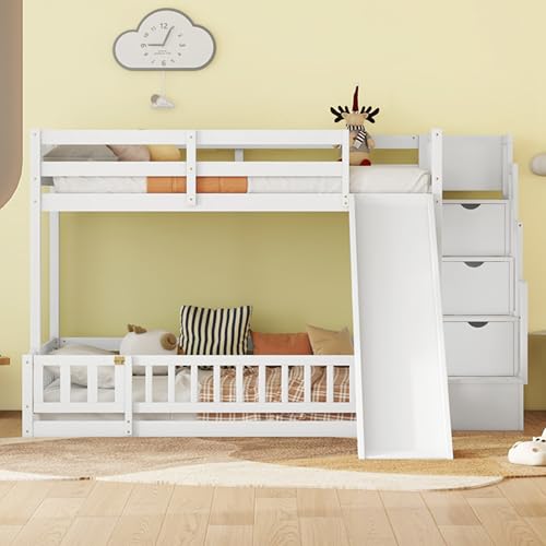 White Twin Over Full Size Pine Wooden Bunk Bed with Slide J22824