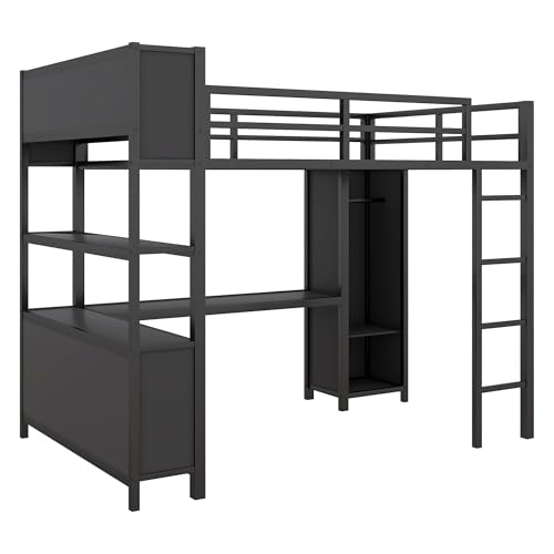 Black Full Size Metal Loft Bed with Wardrobe and L-Shaped Desk I308
