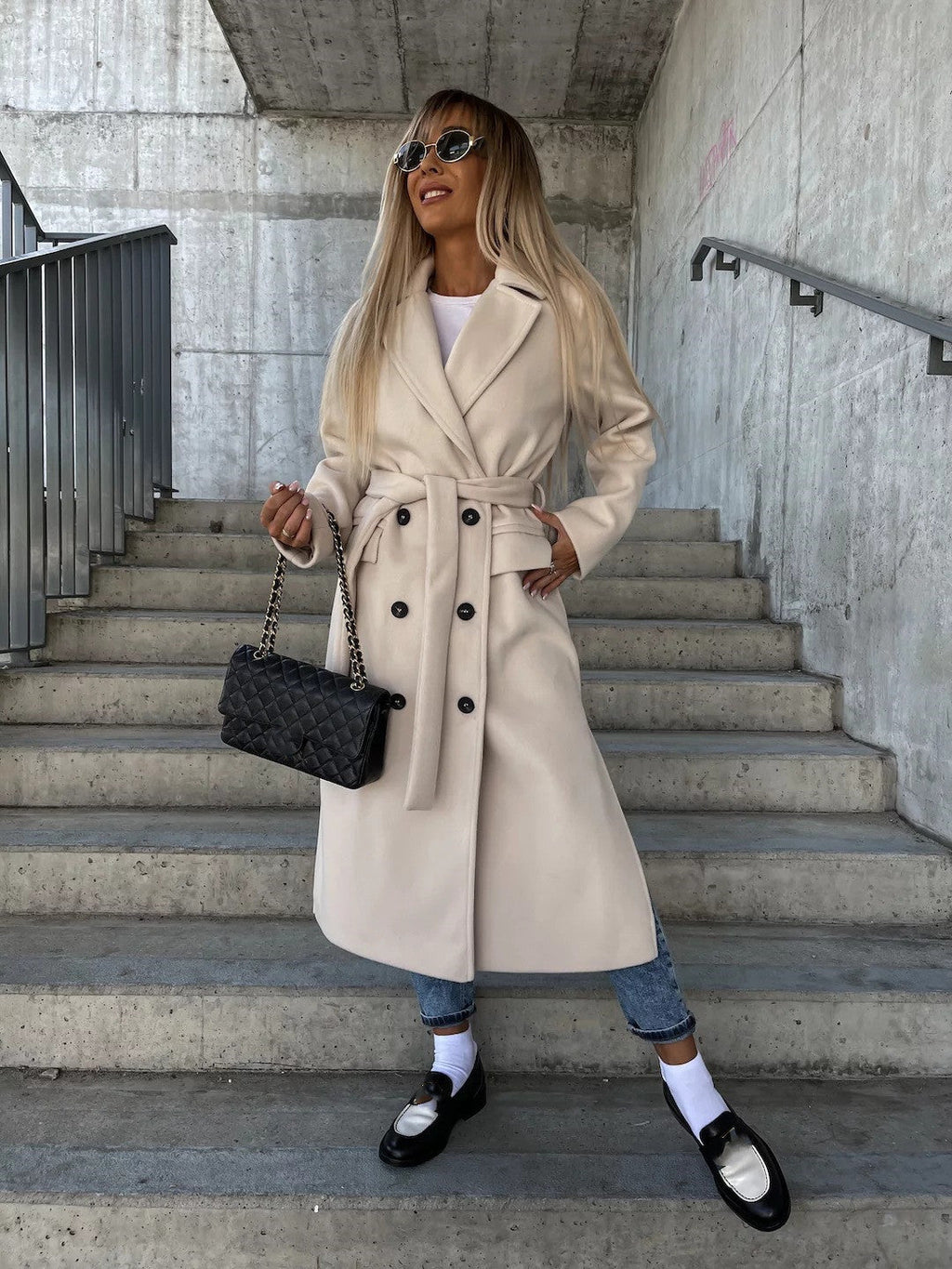 Double-Breasted Lapel Split Jacket with Belt