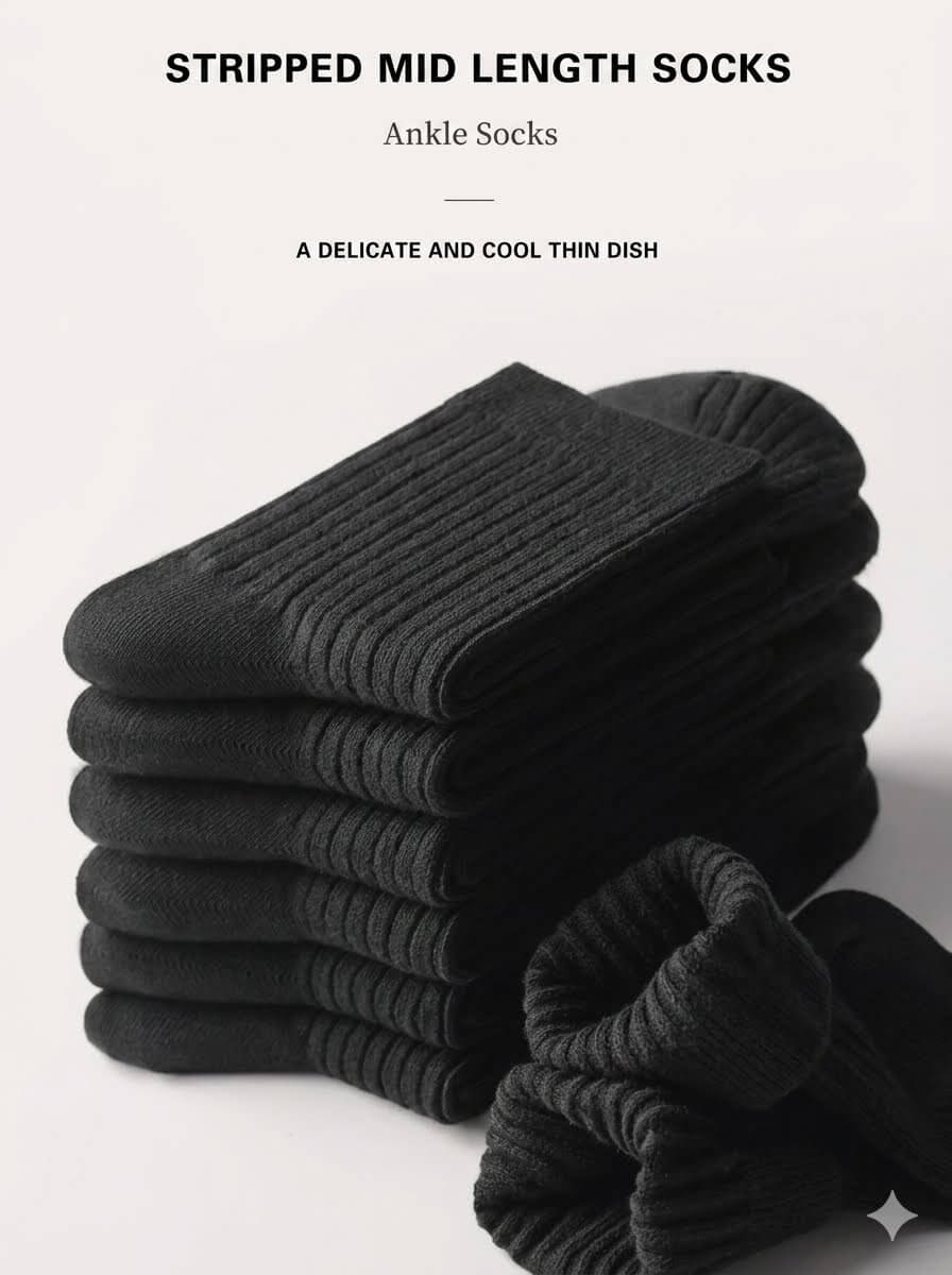 6 Pairs Men's Premium Crew Socks - Versatile Solid Black Business Dress Socks, Breathable Ribbed Knit All-Season Middle Calf Socks
