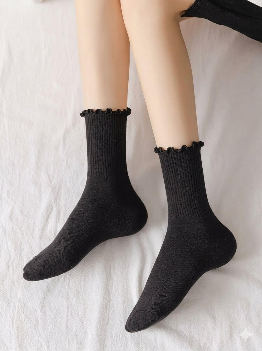 Cute Ruffle Top Cotton Socks for Women Girls | Vintage Frilly Ribbed Mid-Calf Socks Solid Color Loose Slouchy Crew Socks